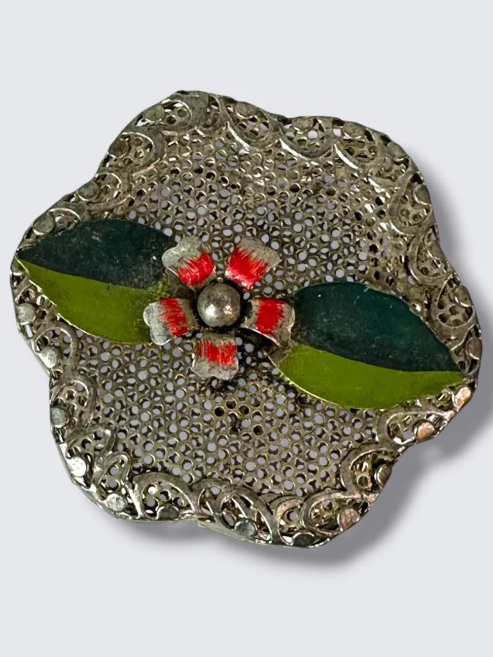Vintage Handcrafted Silver-Tone Flower Trinket Box With Filigree Design And Enam